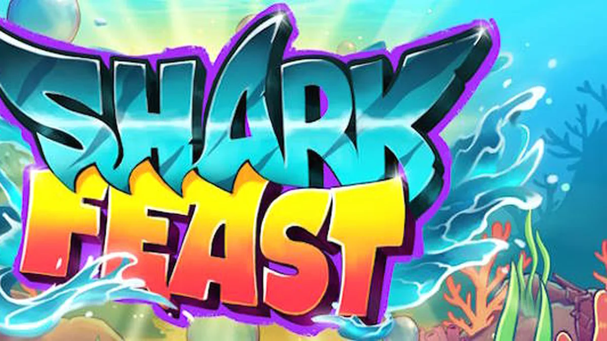 Cena subaquática vibrante com elementos do jogo Shark Feast